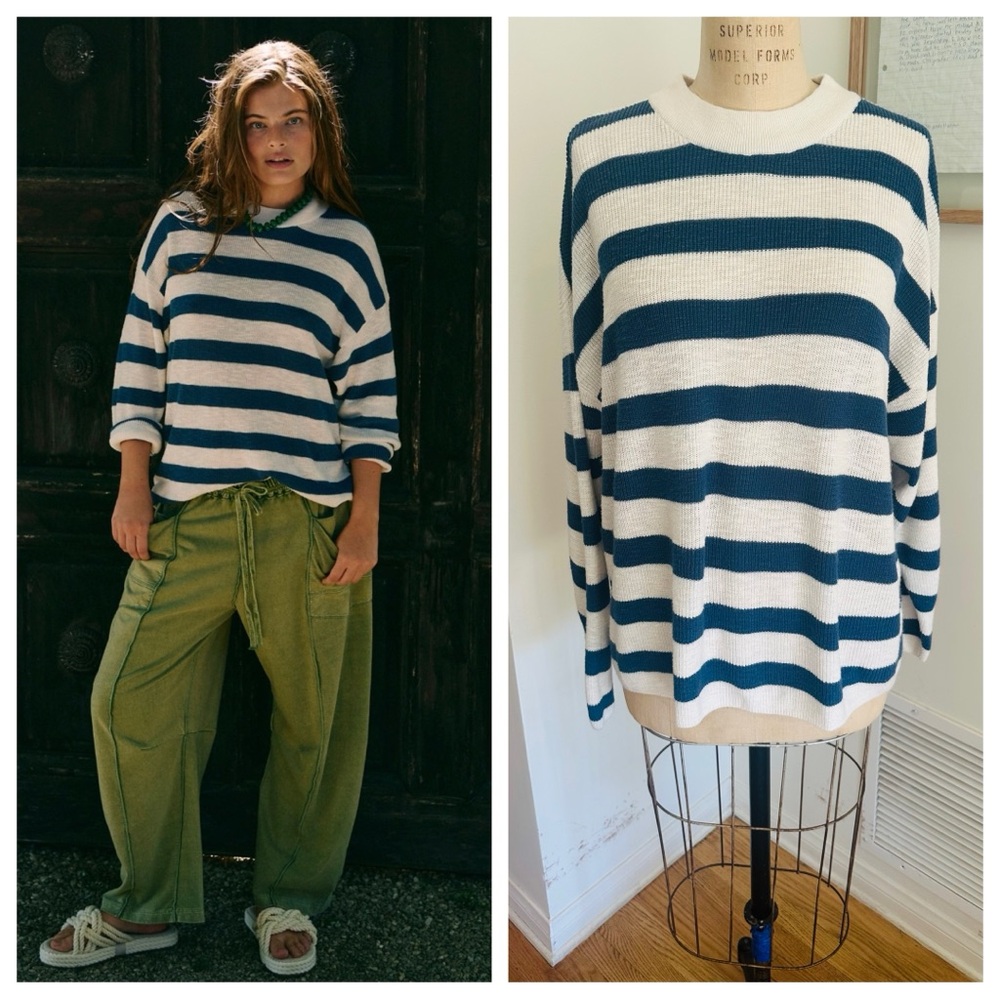 Free People Beach Blue & White Striped Knit Sweater, Small